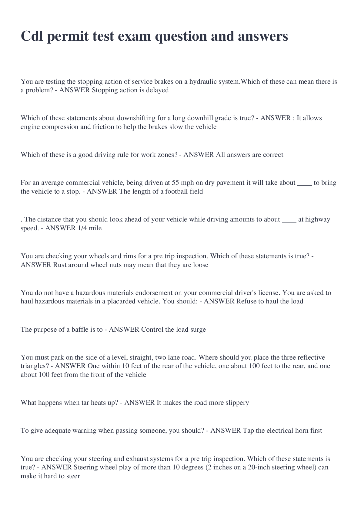 Cdl permit test exam question and answers Browsegrades